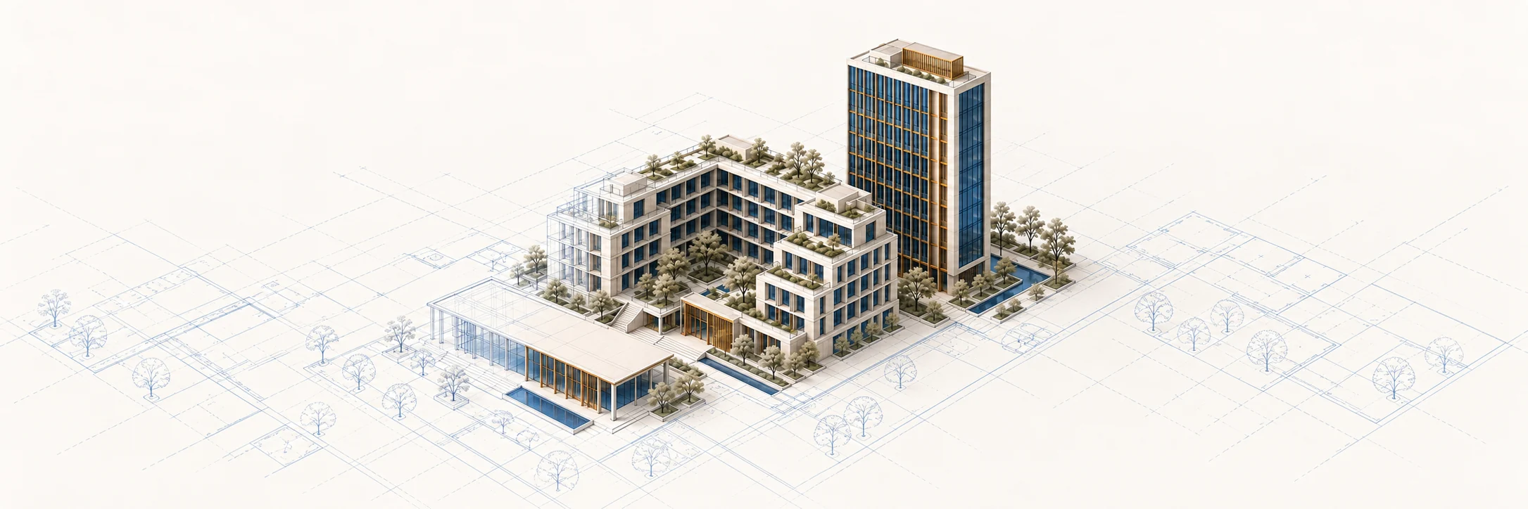 A fictional architectural project emerging from CAD linework on a continuous drawing sheet.